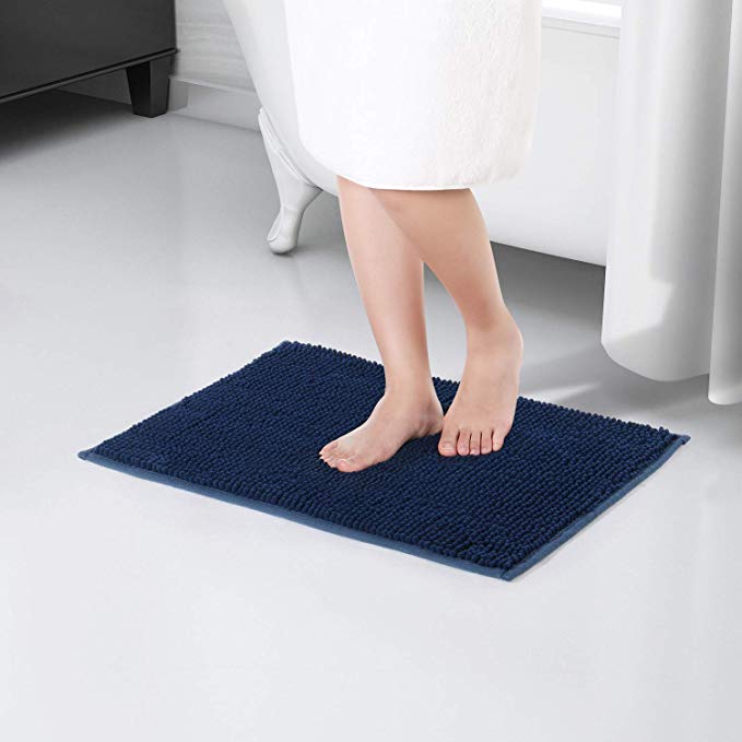 Lifewit Non-slip 61 x 43cm Chenille Bath Mat, Easy to Clean Bathroom Mats, Soft Microfiber Shower Rug, Dark Blue