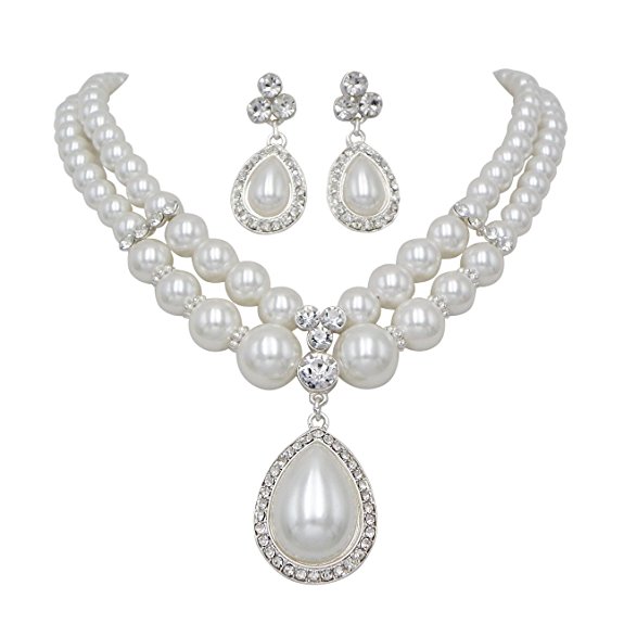 Rosemarie Collections Women's Double Strand Faux Pearl Teardrop Necklace Earrings "Elegant Bridal Set"