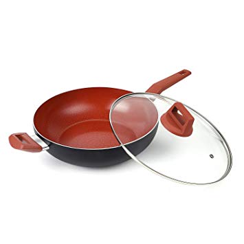 MICHELANGELO 12 Inch Ceramic Wok with Lid, Ultra Nonstick Woks and Stir Fry Pans with Bakelite Handles, Large Wok with Lid, Large Wok Pan 12 Inch, Induction Compatible, Red Crackle - 12 Inch