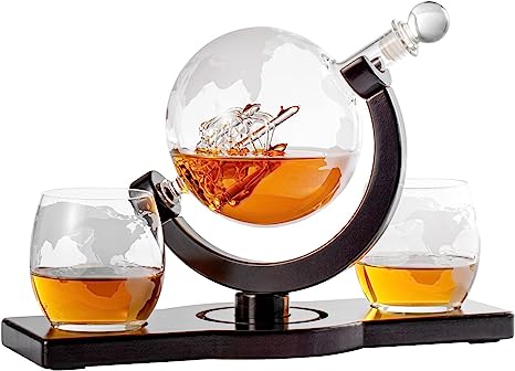 Jillmo Decanter, Globe Whiskey Decanter Set with Glasses and Wood Holder, Perfect Whiskey Gift for Men, 1000ml