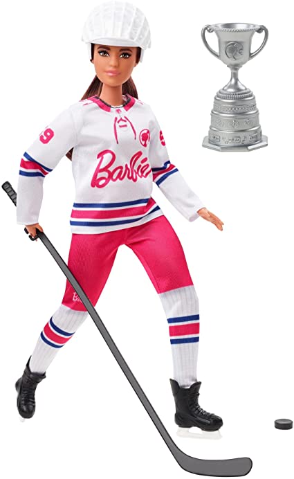 Barbie Winter Sports Hockey Player Brunette Doll, Curvy Shape (12 in) with Jersey, Helmet, Hockey Stick, Puck & Trophy, Great Gift for 3 and Up