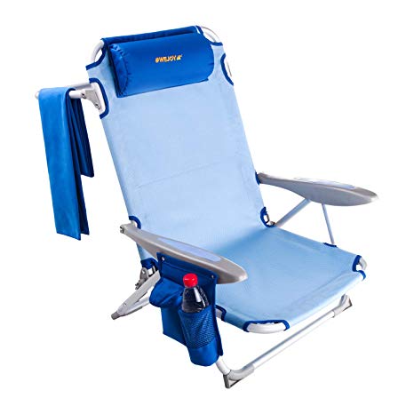 #WEJOY Aluminum Lightweight Portable 4 Position Lay Flat Folding Camping Beach Chair with Shoulder Strap Cup Holder Pocket Armrest and Headrest, Great for Outdoor Lawn Concert, Blue