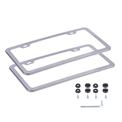 L-Fine Stainless Steel License Plate Frame with 2 Holes Fixed and Screw Caps (silver)
