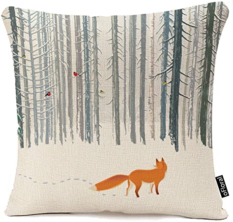 oFloral Throw Pillow Case Decorative Cushion Cover Square Pillowcase, Winter Forest Landscape Fox Bird Sofa Bed Pillow Case Cover(20x20inch) Twin Sides