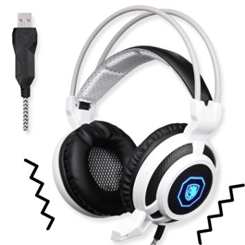 SADES SA905 USB PC Gaming Headset Headphone with Microphone Mild Vibration and Spot LED Light (Black and White)