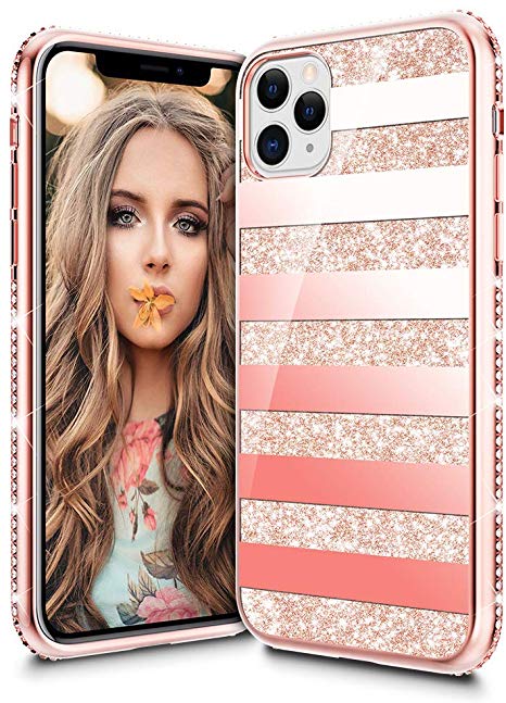VEGO Compatible for iPhone 11 Pro Max Case Glitter Bling Diamond Rhinestone Sparkly Bumper Girly Fashion Shiny Cute Protective Fancy Case for Women Girls 6.5 inch (Stripe Rosegold)