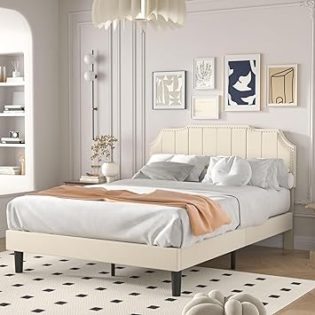 VECELO Queen Size Upholstered Platform Bed Frame with Tufted Adjustable Headboard/Mattress Foundation/Wood Slat Support,Easy Assembly,Beige