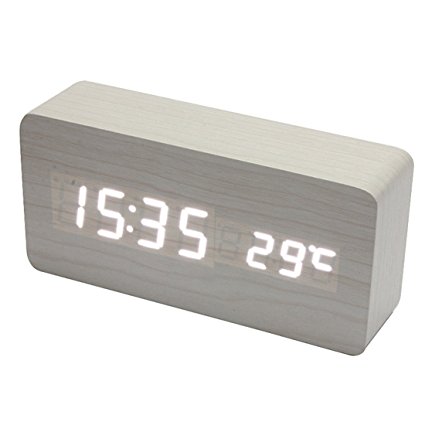 Voberry® USB AAA Powered Rectangle Shaped Voice Control Blue Light Digital LED Wooden Desk Alarm Clock with Date Temperature (White)