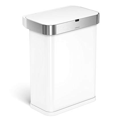 simplehuman 58 Liter / 15.3 Gallon Stainless Steel Touch-Free Rectangular Kitchen Sensor Trash Can with Voice and Motion Sensor, Voice Activated, White Steel