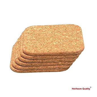 Heirloom Quality Square Cork Coaster (Set of 6) - Thick & Absorbent, Non Slippery, Heat Resistant, Eco-Friendly