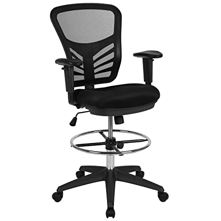 Flash Furniture Mid-Back Black Mesh Ergonomic Drafting Chair with Adjustable Chrome Foot Ring, Adjustable Arms and Black Frame