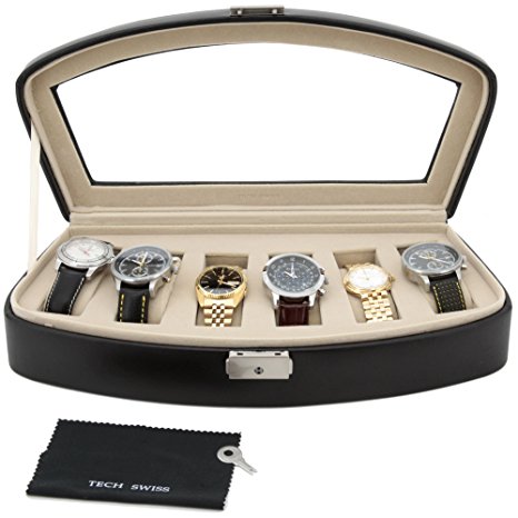 Tech Swiss TSA653BLK Watch Box Storage Case For 6 Watches Black Leather Lock