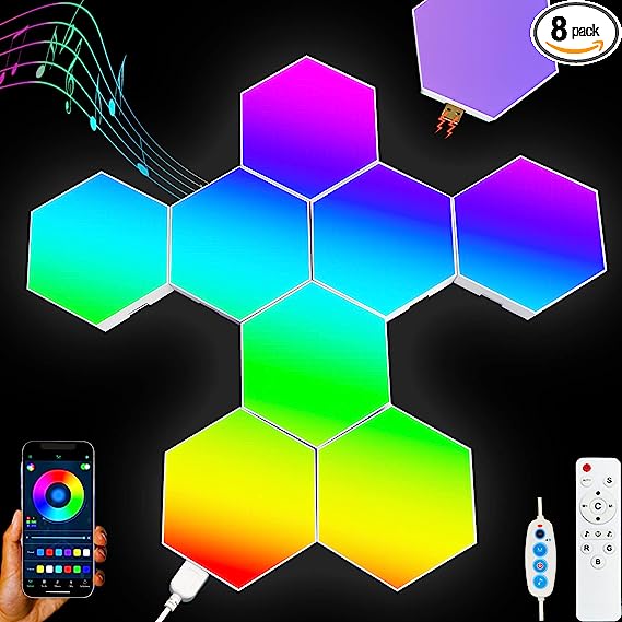 Aeasiup Hexagon Light Panels - Cool RGB LED Hexagon Wall Light Panels with with App & Remote Control, DIY Hexagon Lights for Wall, LED Light Wall Panels with Music Sync, Smart Home Decor