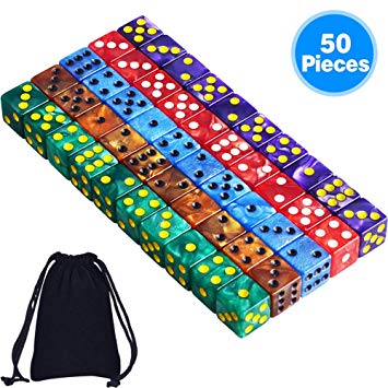 AUSTOR 50 Pieces 6- Sided Dice Set, 5 x 10 Pearl Colors Square Corner Dice Free Velvet Pouches Tenzi, Farkle, Yahtzee, Bunco Teaching Math