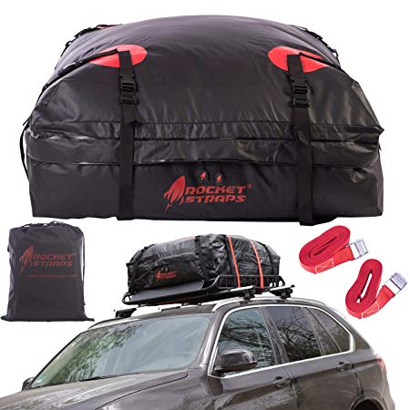 Rocket Straps| Car Roof Bag & Rooftop Cargo Carrier | 100% Waterproof PVC 15 cuft RoofBag | Use with Luggage Carrier, Roof Racks, Cross Bars | Inc Carrier Bag & (2) Lashing Straps