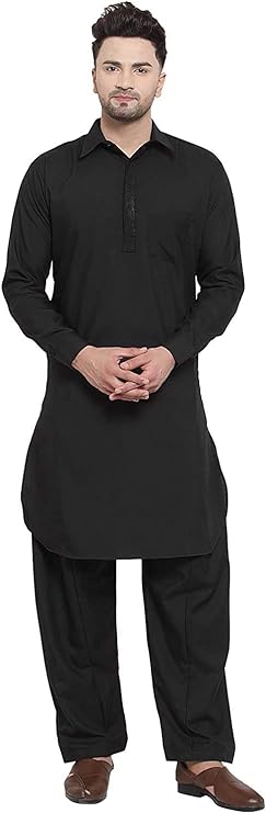 Men's Embroidered Pathani Kurta Cotton Plus Size Black Kurta Pyjama Party Wear Dress Traditional Pathani Kurta with Salwar