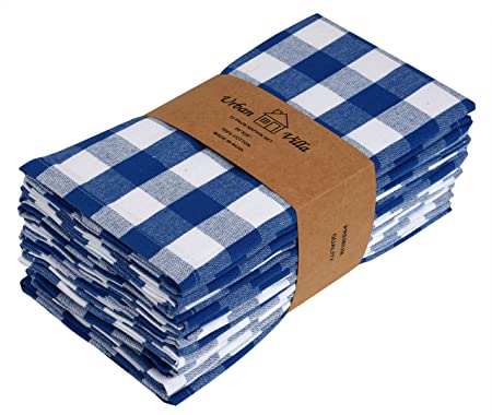 Urban Villa,Buffalo Check Plaid, Premium Quality, Dinner Napkins, 100% Cotton, Set of 12, Size 20X20 Inch, Blue/White Oversized Cloth Napkins with Mitered Corners, Ultra Soft, Durable Hotel Quality