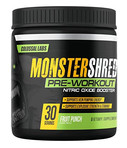 ⧫ PREWORKOUT POWDER, MONSTER SHRED PRE WORKOUT with Nitric Oxide, Supports Energy, Explosive Strength & Stamina, Extreme Focus and NO JITTERS (Fruit Punch)