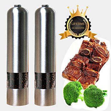 Electric Salt and Pepper Grinder Set Automatic Stainless Steel Ceramic Coarse Battery Power Round Head Set of 2