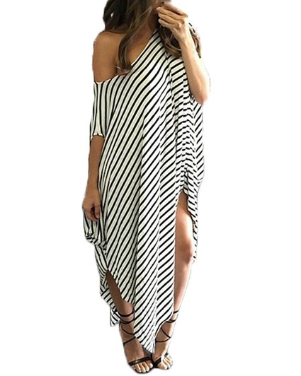 ZANZEA Women's One Off Shoulder Striped Irregular Long Maxi Dress Kaftan Dress