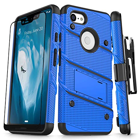 Zizo Bolt Series Compatible with Google Pixel 3 XL Case Military Grade Drop Tested with Full Glass Screen Protector Holster and Kickstand Blue Black