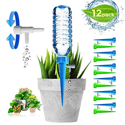 Adjustable Self Plant Watering Spikes, Plants Drip Irrigation Slow Release System/Automatic Vacation Drip Irrigation Watering Devices/Works as Watering Bulbs or Globes Stakes with Screw Valve-12 Pack