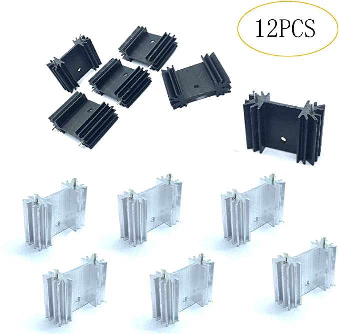 To-220 Aluminum Heat Sink 25x34x12mm, TO220 Heat Sink for Cooling MOSFET SCR Power Regulator ICS (25mmx34mmx12mm) (Silver Tone 6, Anodized Black 6) a Total of 12