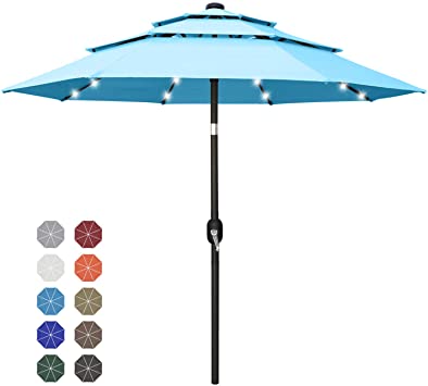 ABCCANOPY 11FT Solar 3 Tiers Market Umbrella Patio Umbrella Outdoor Table Umbrella with 32 LED Ventilation and Push Button Tilt for Garden, Deck, Backyard and Pool,8 Ribs Turquoise