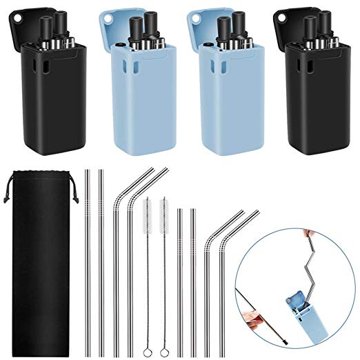 12 Packs Collapsible Reusable Stainless Steel Drinking Straws Set, 4 Foldable Straws with Portable Cases, 8 Dishwasher Safe Long Straws for 30oz 20oz Tumbler Cups, Includes Cleaning Brushes & Pouch
