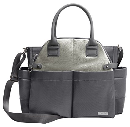 Skip Hop Baby Chelsea Downtown Chic Diaper Bag Satchel with Adjustable Shoulder and Stroller Straps-Charcoal Shimmer, 12 Pockets, Grey