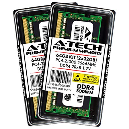 A-Tech 64GB DDR4 2666MHz Laptop Memory Kit (2 x 32GB) PC4-21300 Non-ECC Unbuffered SODIMM 260-Pin 2Rx8 1.2V Dual Rank Notebook Computer RAM Upgrade Sticks (AT32G2D4S2666ND812V)