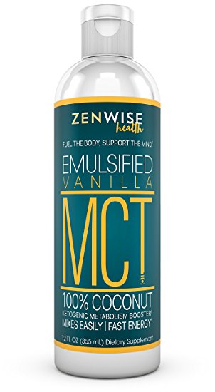 Emulsified MCT Oil - All Coconut Sourced Supplement for Weight Control & Clean Energy - Vanilla Flavored - With Caprylic C8 & Capric C10 Acid - Great for Coffee Drinks   Shakes & Smoothies - 12 FL OZ