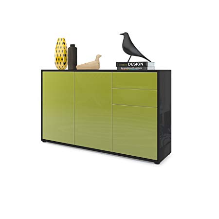 Vladon Cabinet Chest Drawers Ben V3, Carcass in Black High Gloss/Front in Lime High Gloss