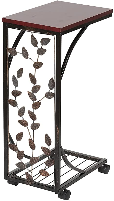 Rolling Sofa Side and End Table, Small - Metal, Dark Brown Wood Top with Leaf Design - Perfect for Your Living Room, Slides Up to Sofa/Chair/Recliner - Keep Snacks, Drinks Books & Phone at Easy Reach