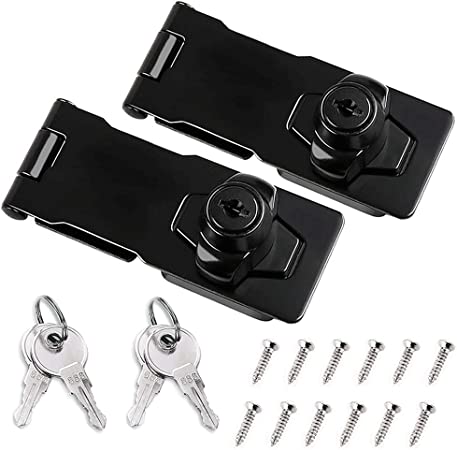 2 Pack Lock Hasp, 90 Degree Metal Lock Buckle, Twist Lock, Equipped with Padlock and Key 3 Inch Door Bolt Latch Security Door Lock, Used to Lock Shed Doors, Cabinets, Furniture, Etc. (Black)