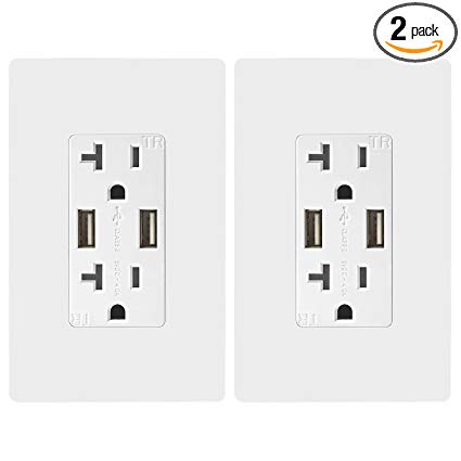 TOPGREENER TU2204A-W-MCB-2PCS Wall Outlet with USB, 4A High Speed Dual USB Charger Outlet, 20A Tamper Resistant Receptacle, White (Pack of 2)