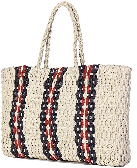JOSEKO Summer Beach Bag, Women Straw Paper Handbag Top Handle Big Capacity Travel Tote Purse