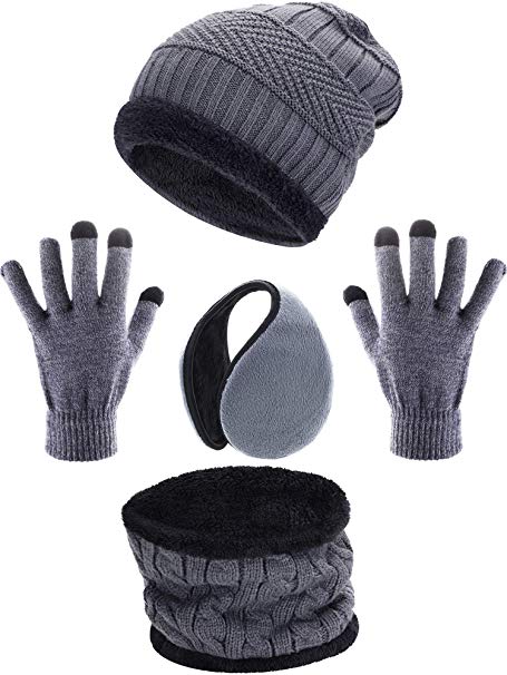 Tatuo 4 Pieces Ski Warm Set includes Winter Hat Scarf Warmer Gloves Winter Outdoor Earmuffs for Adults Kids