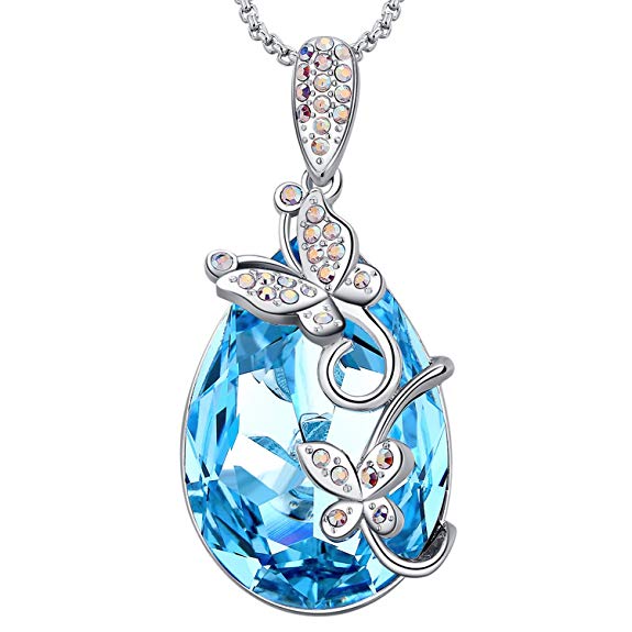 MEGA CREATIVE JEWELRY Aquamarine Butterfly Teardrop Pendant Necklace with Crystals from Swarovski