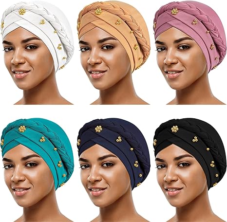 6 Pieces African Women Turban Cap Headscarf Beanie Twisted Braid Wrap Headwrap