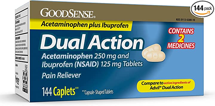 Good Sense Dual Action Acetaminophen 250 mg and Ibuprofen (NSAID) 125 mg Tablets, Pain Reliever for Headache Relief, Arthritis Pain Relief and More, 144 Count