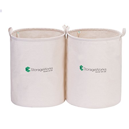 StorageWorks Cotton and Linen Cylindric Laundry Hamper Basket, Waterproof Foldable Bucket Storage Container, Natural, Large, 2-Pack