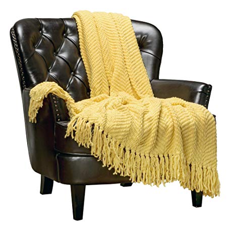 Chanasya Textured Knitted Super Soft Throw Blanket With Tassels Cozy Plush Lightweight Fluffy Woven Blanket for Bed Sofa Chair Couch Cover Living Bed Room Acrylic Throw Blanket (50x65 Inches) - Yellow