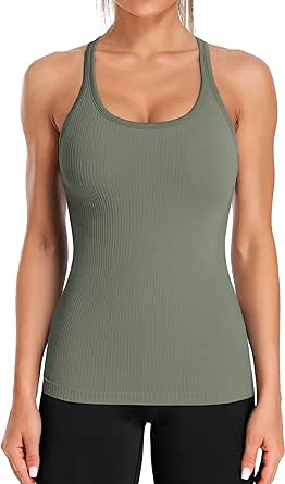 ATTRACO Ribbed Workout Tank Tops for Women with Built in Bra Tight Racerback Scoop Neck Athletic Top