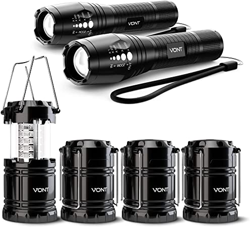 Vont Adventure Lighting Pack 1 – 2 Pack Blaze Flashlights & 4 Pack LED Camping Lanterns - Lights Bundle for Outdoor Activities, Emergencies, or Power Outages - Compact and Water & Pressure Resistant