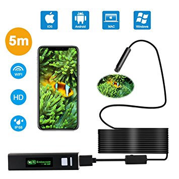 WIFI Endoscope,USB Endoscope Inspection Camera 2.0 MP HD 1600x1200P Resolution with 8 LED Lights,IP68 Waterproof Level Borescope,Snake Camera for Android and IOS Smartphone, Windows(Aug 2017 Version)