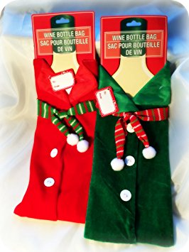 2 Pack Holiday Wine Gift Jacket Bags - Red Santa and Green Elf with Scarf