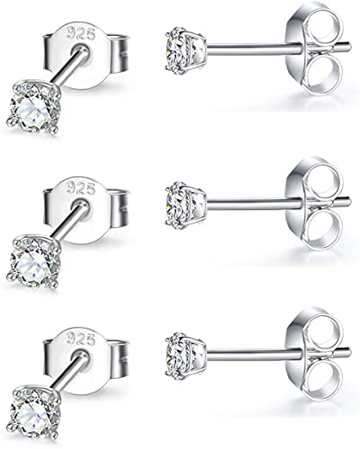 Sterling Silver Stud Earrings for Women Girls Men, 4 Pairs Hypoallergenic Cubic Zirconia CZ Studs Small Round Simulated Diamond Earrings Cartilage Tragus Helix Earrings Set(2mm 3mm 4mm 5mm)