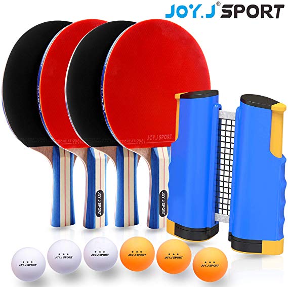 Joy.J Sport Ping Pong Paddle Set with Retractable Net - 4 Premium Table Tennis Rackets - 6 Standard 3-Star Balls, Training/Recreational Racquet Kit, Portable Cover Case Bag