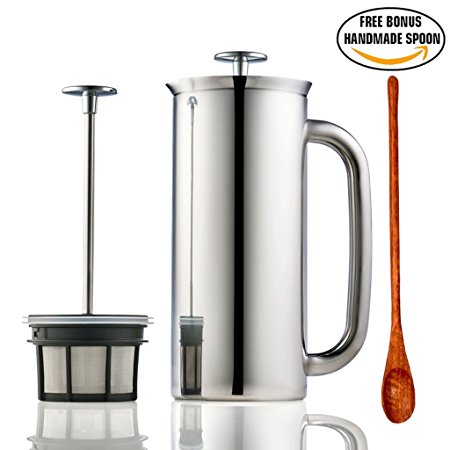 Espro Press Stainless Steel Coffee Press (6-8 cups, 32 oz) Bundle with Wooden Spoon, Double Wall, Vacuum Insulated, Polished
